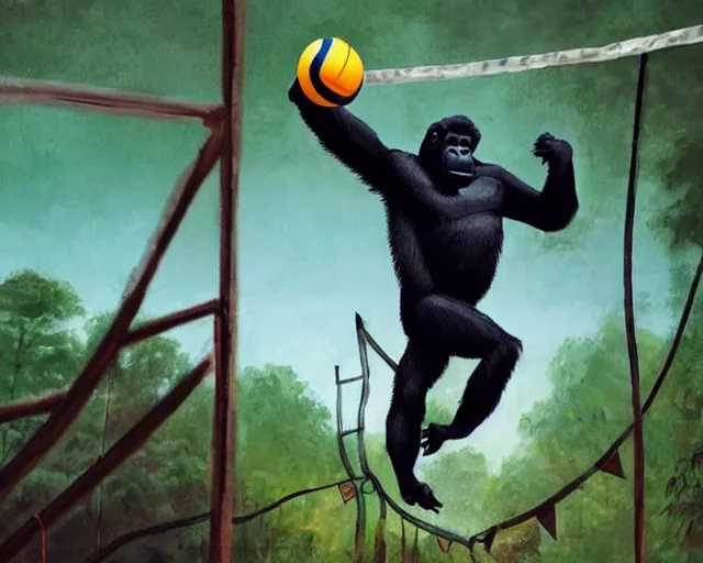 Image similar to a gorilla holding a volleyball and playing volleyball in a jungle, volleyball net, in the style of greg rutkowski, high detail