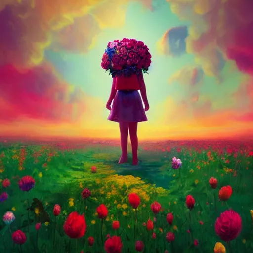 Image similar to giant rose flower head, full body girl standing in a flower field, surreal photography, sunrise, dramatic light, impressionist painting, colorful clouds, digital painting, artstation, simon stalenhag