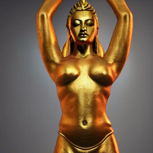 Prompt: a full body madonna virgin statue made of iridiscent metal inspired by the looks of vishnu, very detailed, unreal engine 5, made for an art gallery