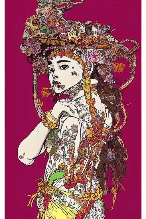 Prompt: thai traditional dress, skull portrait girl female skeleton illustration detailed patterns art pop art, splash painting, art by geof darrow, ashley wood, alphonse mucha, makoto shinkai