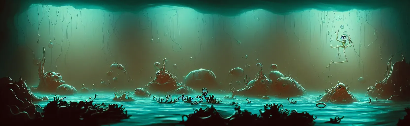 Image similar to wild whimsical watery mutants from the depths of a wasteland deep in the imaginal realm, dramatic lighting, surreal fleischer cartoon characters, shallow dof, surreal painting by ronny khalil