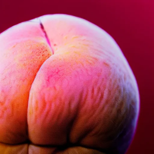 Prompt: a macro photo of a round peach's dry hairy skin, hyper realistic, hyper detailed, 35mm, very grainy film, pink volumetric studio lighting, bokeh, black background award winning shot, vogue magazine, cinematic, 8k, very closeup, elegant, tender, pastel