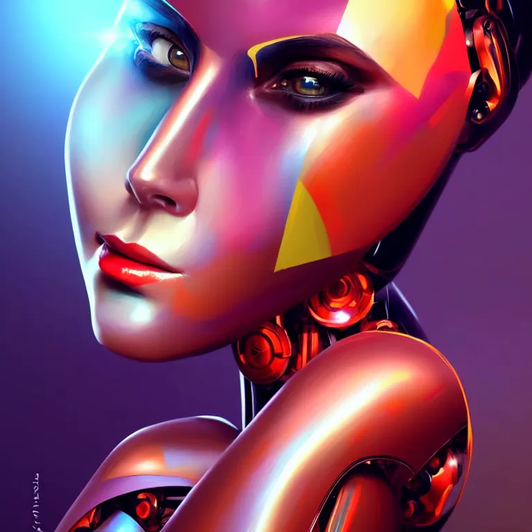 Image similar to android robot woman face painting, looking straight to camera, moderate colors, ornate, digital art, cute smile, winning artwork, digital painting, professional art, elegant, by Ilya Kuvshinov, by artgerm