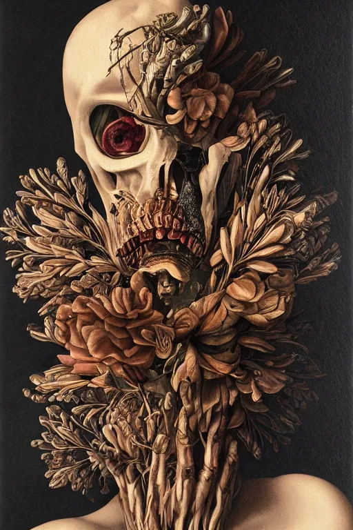 Image similar to Detailed maximalist portrait with large lips and eyes, expressive, botanical skeletal with extra flesh, HD mixed media, 3D collage, highly detailed and intricate, surreal illustration in the style of Caravaggio, dark art, baroque