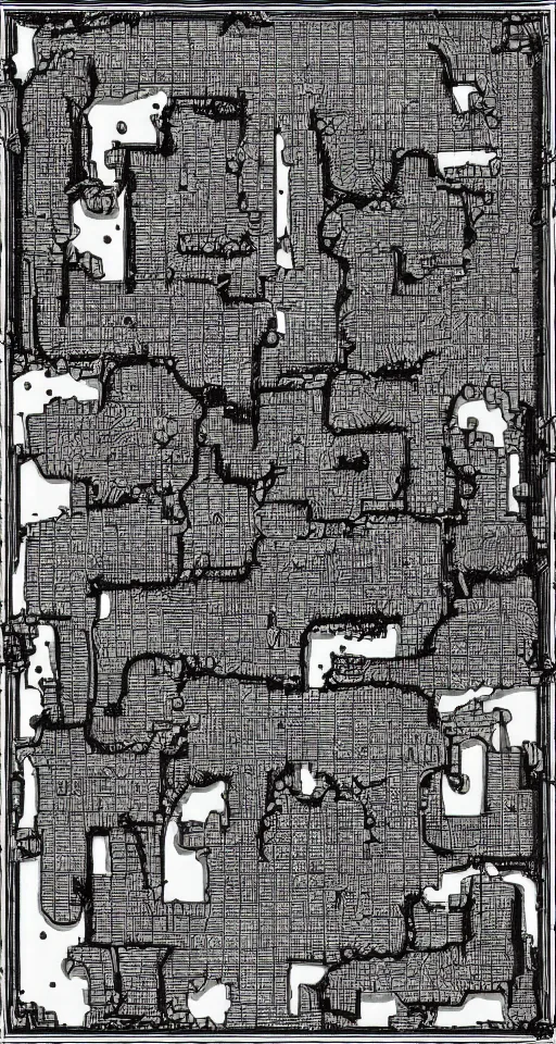 Prompt: a black and white dungeon map. d & d battlemap. small dungeon. a few large rooms. clean design. high definition etching with complex details.