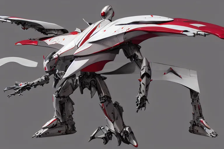 Image similar to a pteranodon mecha interceptor, white john berkey armor panels, wine-red and grey trim, robotech styling, with white Kanji markings outlined in black, boeing concept art painting, cinematic lighting, amazing lifelike cinematic photo render