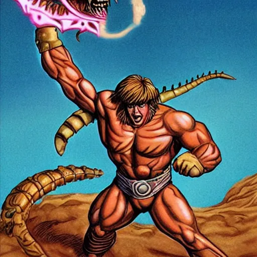 Prompt: he-man fighting a giant sand worm from dune in the style of HR Giger