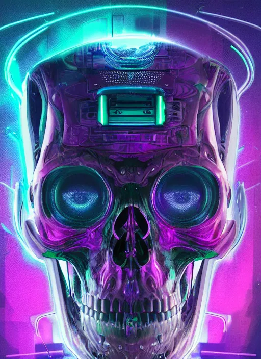 Image similar to album art of a futuristic skull with glowing eyes and a purple background, cyberpunk art by android jones, behance contest winner, computer art, darksynth, synthwave, rendered in cinema 4 d