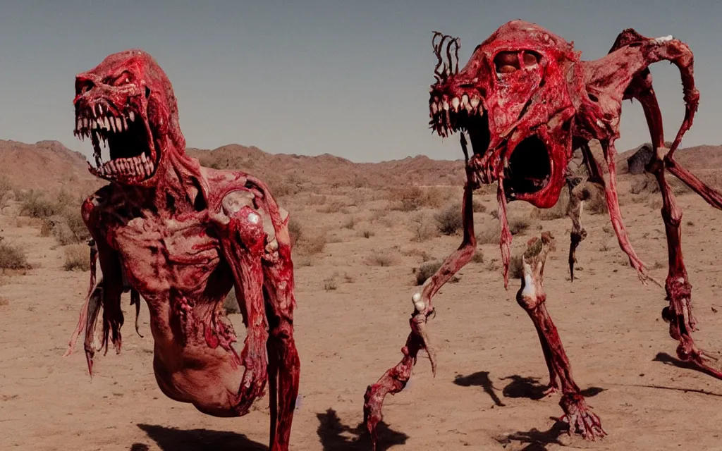 Image similar to in the desert a bloody gross horrifying The Thing creature made of muscle and bone and blood stares at the camera, eating, mid day, 35mm photography, realistic,