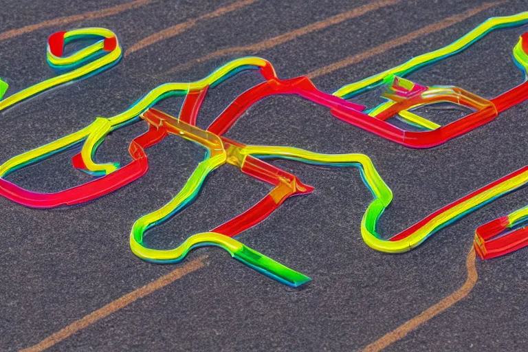 Image similar to windy racetrack made of translucent colorful plastic, 85mm