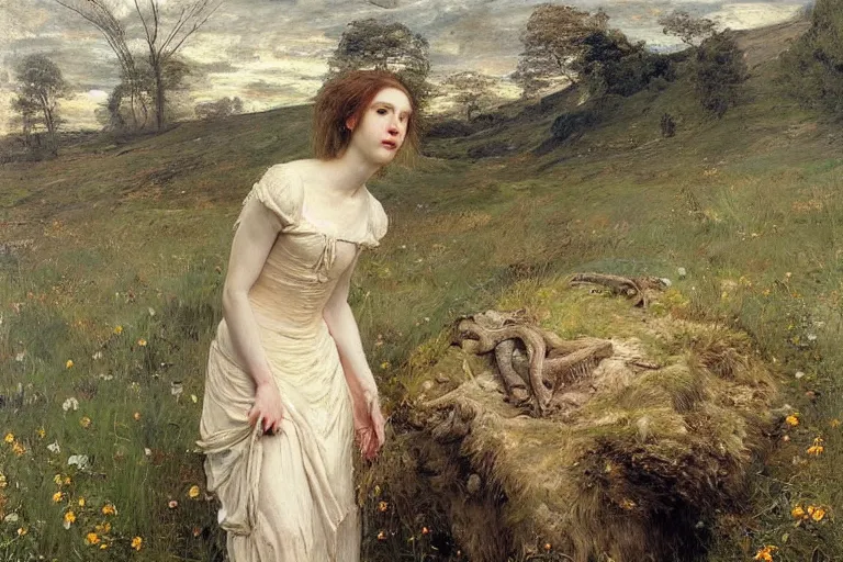 Image similar to sad portrait of a xenomorph queen in a meadow by sir john everett millais, photorealistic, hyperdetailed, ethereal, masterpiece, oil painting