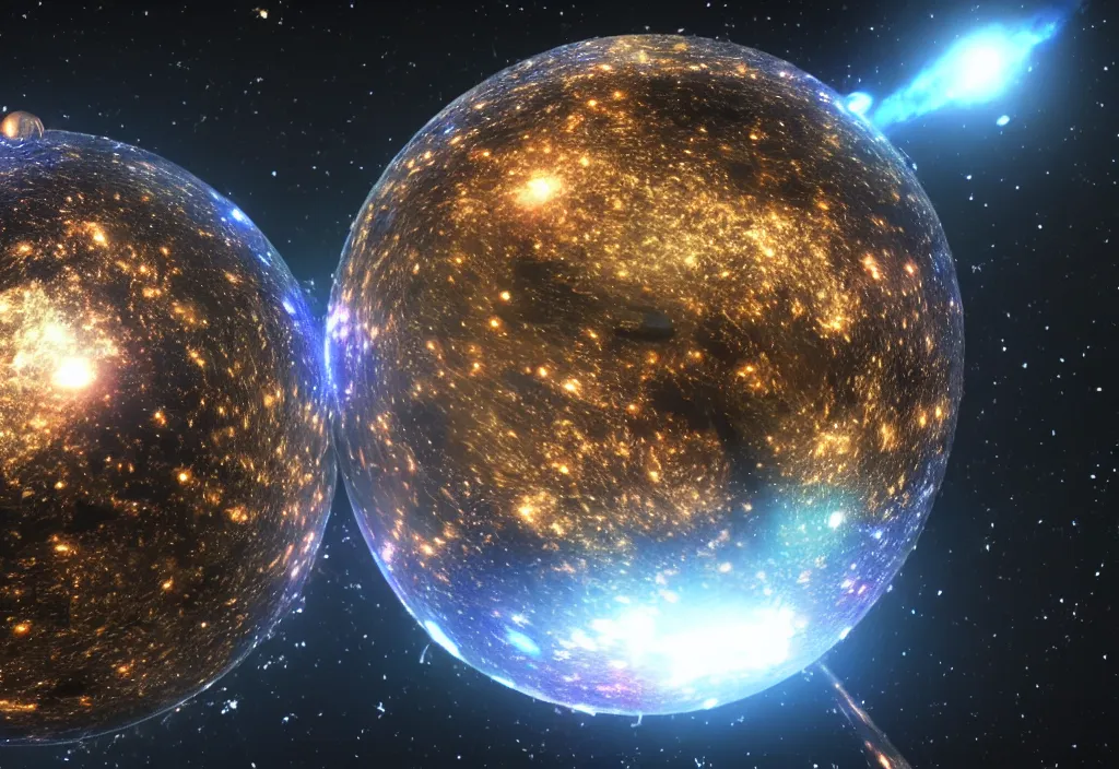 Prompt: a holographic metal sphere floating in space reflecting the destruction of the universe, intricate unreal engine 5 creation