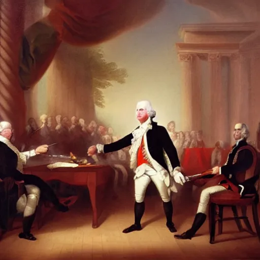 Prompt: eighteenth century oil painting of george washington playing wii sports