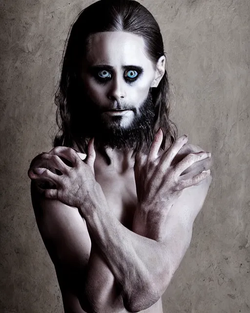 Prompt: Jared Leto in Elaborate Pan Satyr Goat Man Makeup and prosthetics designed by Rick Baker, Hyperreal, Head Shots Photographed in the Style of Annie Leibovitz, Studio Lighting