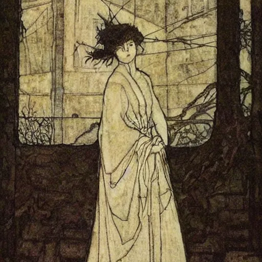 Image similar to by arthur rackham bleak. a kinetic sculpture beauty & mystery of the woman sitting before us. enigmatic smile & gaze invite us into her world, & we cannot help but be drawn in. soft features & delicate way she is dressed make her almost ethereal. landscape distance & mystery. what secrets this woman holds.