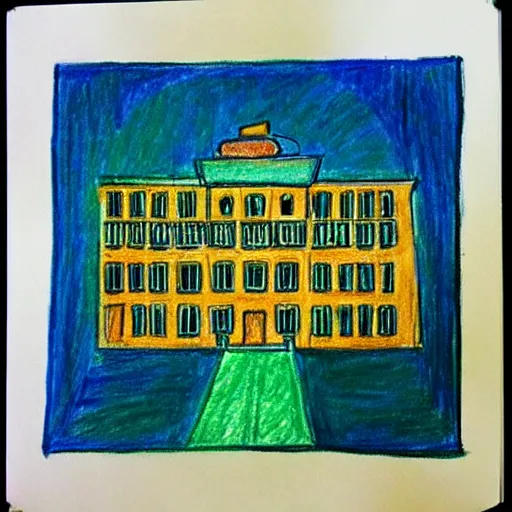 Image similar to “ child ’ s crayon drawing of the overlook hotel interior ”