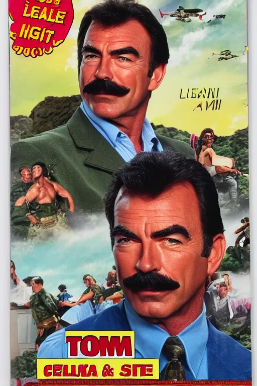 Image similar to tom selleck 1 9 9 0 s vhs box art, romantic comedy, hawaii, army men, highly detailed, hd, realism