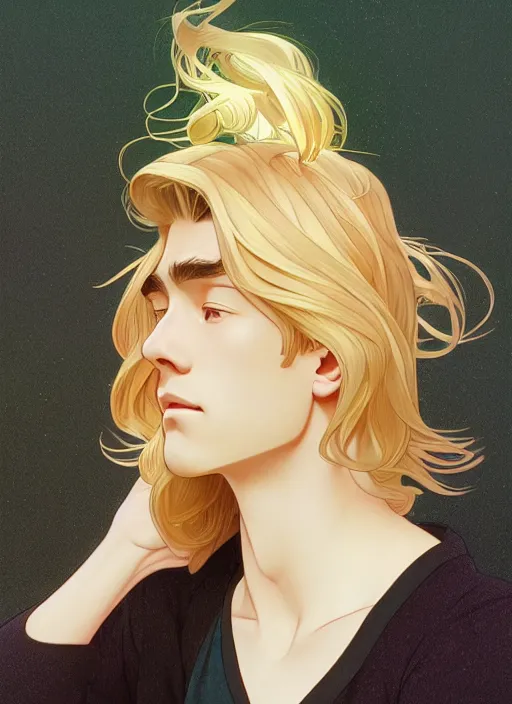 Image similar to pretty young man with shoulder length shiny shimmering golden blond hair, path traced, highly detailed, high quality, digital painting, by studio ghibli and alphonse mucha, leesha hannigan, makoto shinkai, disney