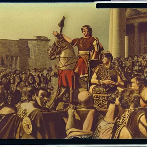 Prompt: Polaroid picture of a Roman consul during a political speech in Ancient Rome, photography, hyper detailed, colourised