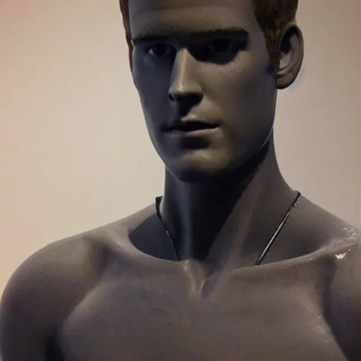 Image similar to “ a realistic detailed photo of a guy who is an attractive humanoid who is half robot and half humanoid, who is a male android, actor liam hemsworth, shiny skin, posing like a statue, blank stare, at the museum, on display ”