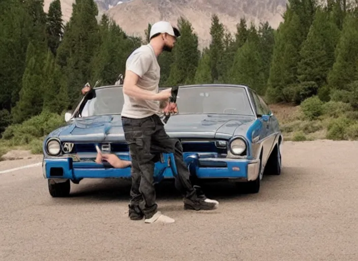 Image similar to a very high resolution image from a new movie, eminem shooting a car. mountains, directed by wes anderson