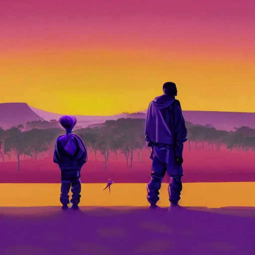 Image similar to A painting of Kanye West and his family looking on at the horizon, afrofuturism, Simon Stalenhag, 8K concept art, purple skies, intricate details, minimal artifacting