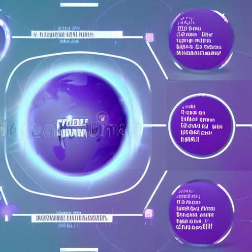 Prompt: futuristic screen depicting a planet with purple continents, labels and info onscreen, infographic style, sci fi infographic