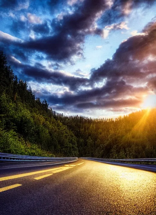 Prompt: a 2 8 mm macro photo of a winding mountain highway, fluffy clouds at sunset, lush greenery, splash art, movie still, bokeh, canon 5 0 mm, cinematic lighting, dramatic, film, photography, golden hour, depth of field, award - winning, anamorphic lens flare, 8 k, hyper detailed, 3 5 mm film grain, hazy