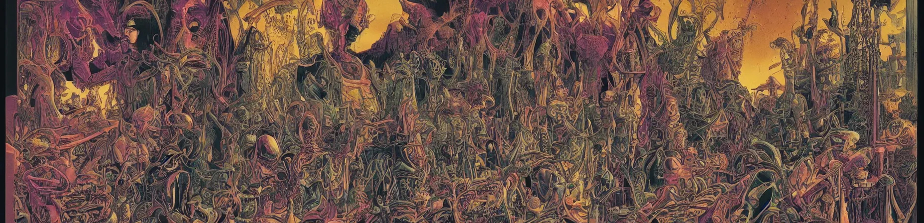 Image similar to chess set, taro deck card king and psychedelic grainshading print by moebius, richard corben, wayne barlowe, cyberpunk comic cover art, psychedelic triangular skeleton, very intricate, thick outline, full body, symmetrical face, long black crown, in a shapes background, galactic dark colors