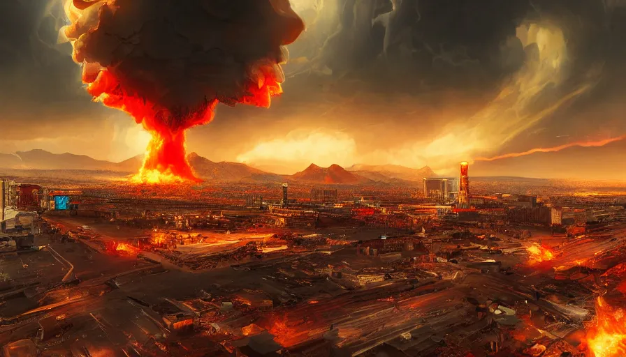 Prompt: las vegas destroyed by nuclear explosion, nuclear cloud, hyperdetailed, artstation, cgsociety, 8 k