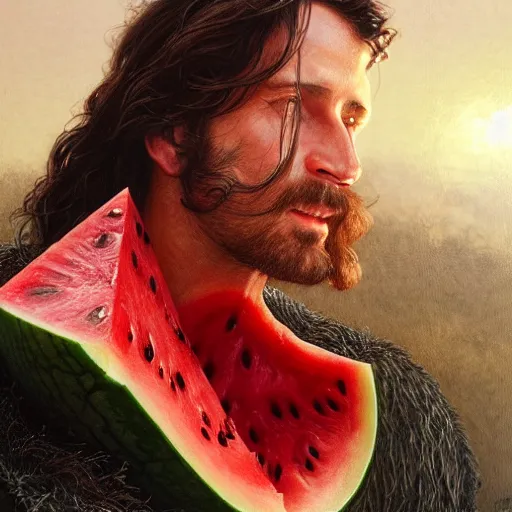 Image similar to a watermelon as aragorn by alan lee, leather armor, golden hour, concept art, detailed clothing, art station, oil painting, art by artgerm and greg rutkowski and alphonse mucha