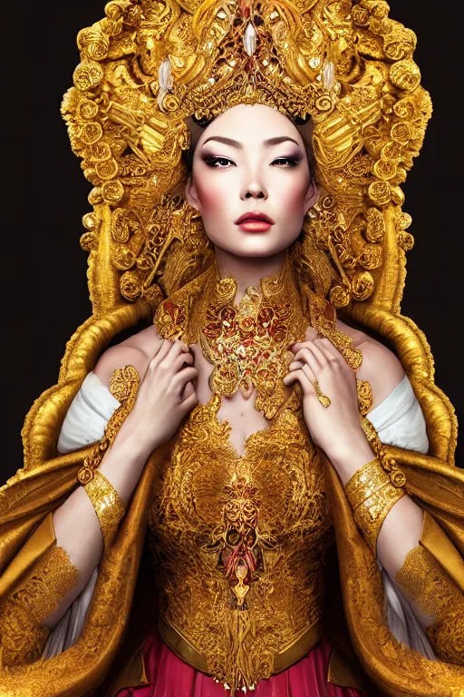 Prompt: a beautiful empress portrait, with a brilliant, impossible striking shiny big gold headpiece, gold clothes, rococo, baroque, jewels, asian, realistic, closeup, D&D, fantasy, intricate, elegant, highly detailed, digital painting, artstation, octane render, studio lighting, 8k, concept art, matte, sharp focus, illustration, art by Artgerm and Greg Rutkowski and Alphonse Mucha