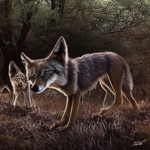 Prompt: “ skinwalkers shapeshifting into coyotes in graveyard cemetery, hyperrealistic ”