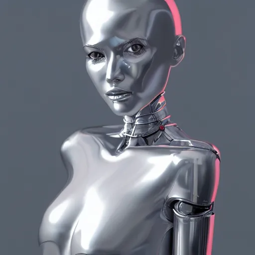 Image similar to silver chrome beautiful woman robot portrait by Hajime Sorayama, octane render, high detail, photorealistic, unreal engine, ray traced