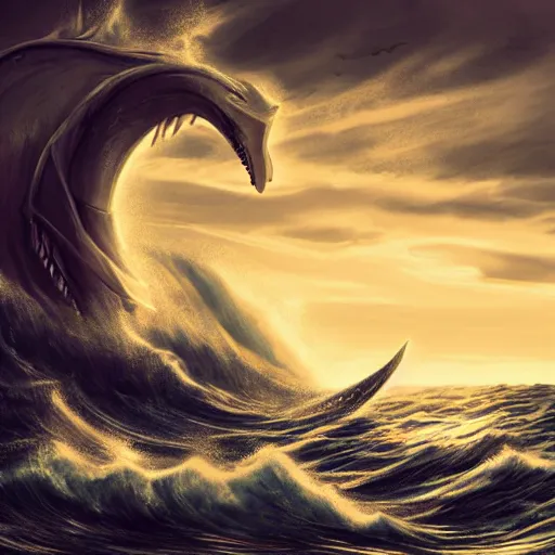 Prompt: huge sea monster, towering over you, colossal giant, mythical sea creature, epic, waves, rough ocean, stormy, gigantic huge sea monster, extremely detailed, intricate digital art, 8 k