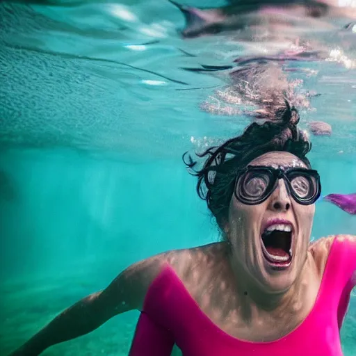 Prompt: Woman screaming underwater
