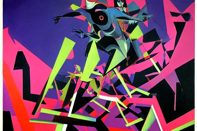 Image similar to a beautiful masterpiece painting of the technomancer wizard in dazzle camouflage robes with pointed hoods and his ai djinn performing psychic television on a crt tv by remedios varo and anato finnstark and greg rutkowski and andy warhol and francis picabia, dayglo pink, dayglo blue, dazzle camouflage, glowing, pearlescent white, raven black