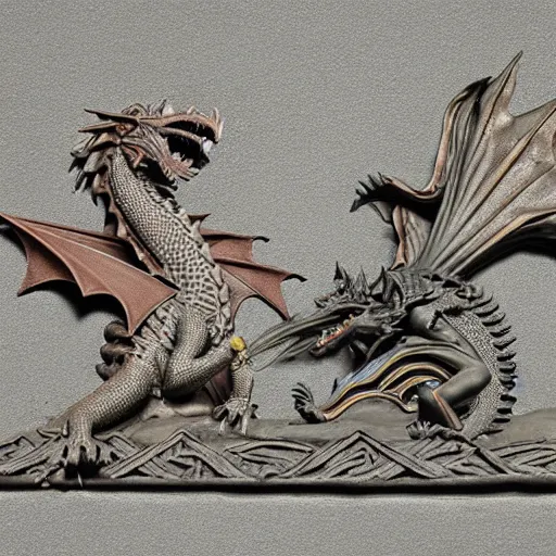 Prompt: bas relief fire-breathing dragon vs female knight with flowing hair