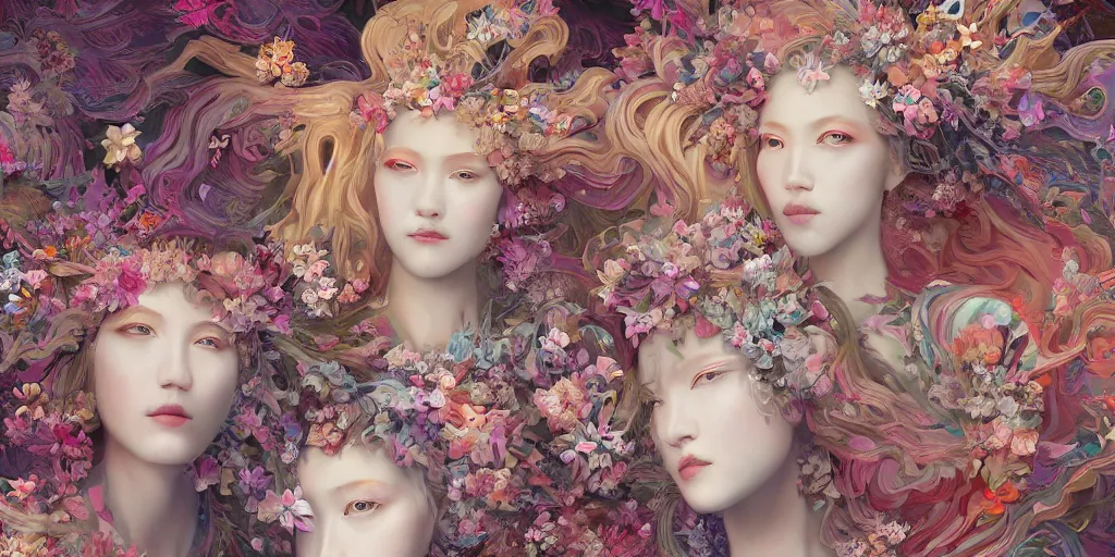 Image similar to breathtaking detailed concept art painting kaleidoscope art deco pattern of blonde faces goddesses amalmation flowers, by hsiao - ron cheng, bizarre compositions, exquisite detail, extremely moody lighting, 8 k