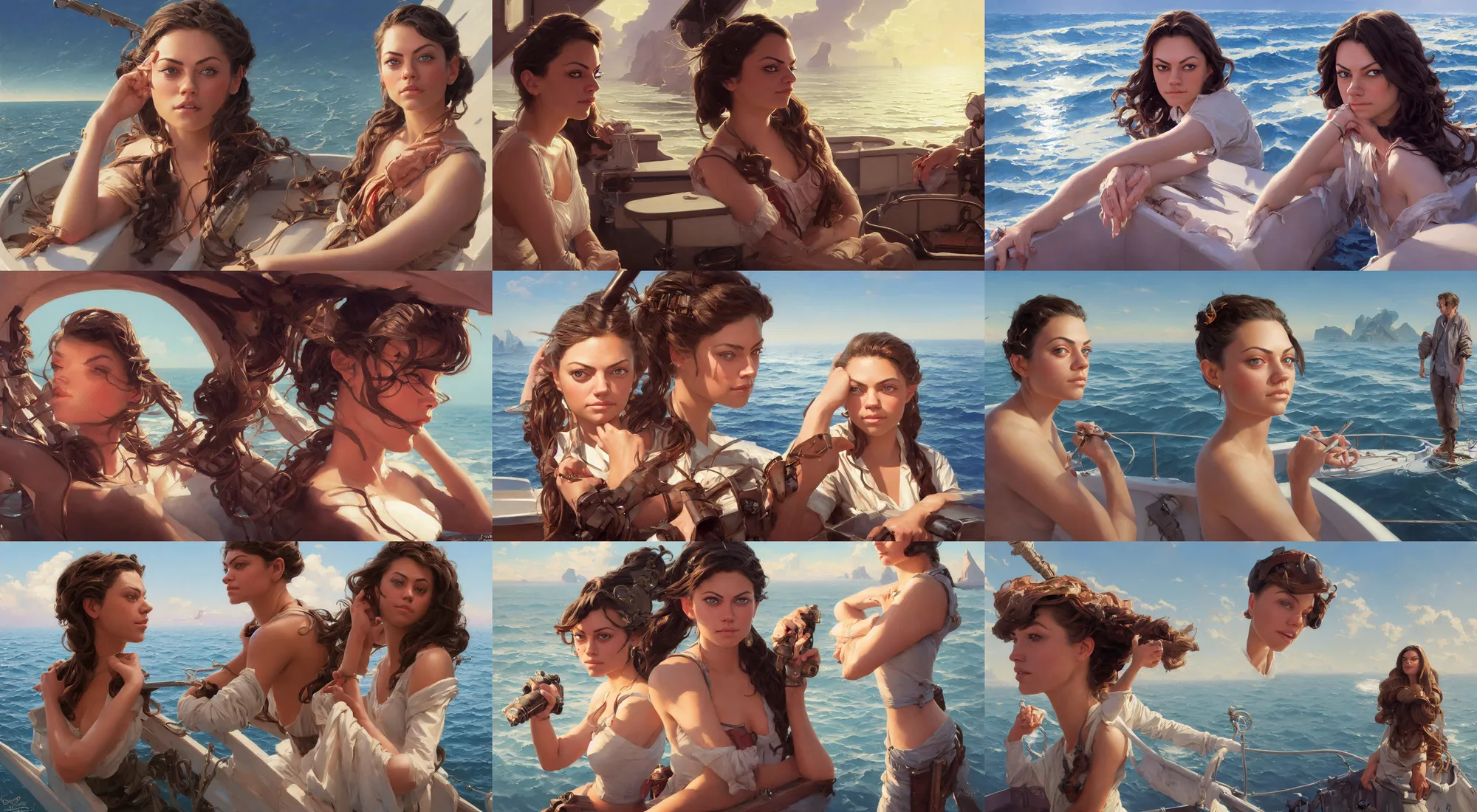 Prompt: sargent and leyendecker and greg hildebrandt, head and shoulders portrait of a mila kunis girl on a boat out at sea, stephen bliss, unreal engine, fantasy art by greg rutkowski, loish, rhads, ferdinand knab, makoto shinkai, ilya kuvshinov, rossdraws, global illumination, radiant light, detailed and intricate environment