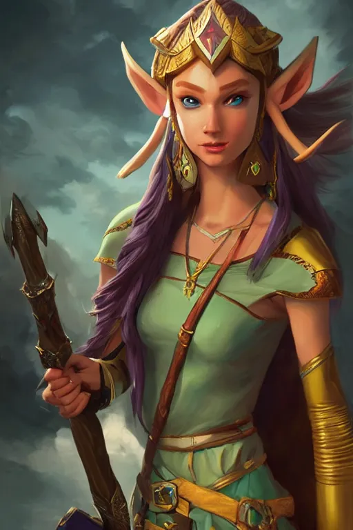 Prompt: A comic book style portrait painting of a princess Zelda in a stunning fantasy landscape, semi-realism, unreal 5, DAZ, hyperrealistic, octane render, RPG portrait, dynamic lighting, daily deviation, very very very very very beautiful, detailed, greg rutkowski