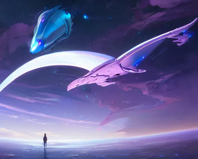 Prompt: a futuristic spaceship flying through cosmic skies. By Makoto Shinkai, Stanley Artgerm Lau, WLOP, Rossdraws, James Jean, Andrei Riabovitchev, Marc Simonetti, krenz cushart, Sakimichan, trending on ArtStation, digital art.