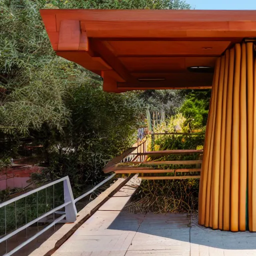 Image similar to Modern sukkah designed by Frank Lloyd Wright, sukkot, architectural detail, DSLR photography