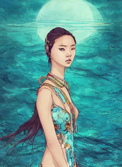 Image similar to lee jin - eun in luxurious dress emerging from turquoise water in egyptian pyramid city during an eclipse by james jean, conrad roset, m. k. kaluta, martine johanna, rule of thirds, elegant look, beautiful, chic, face anatomy, cute complexion