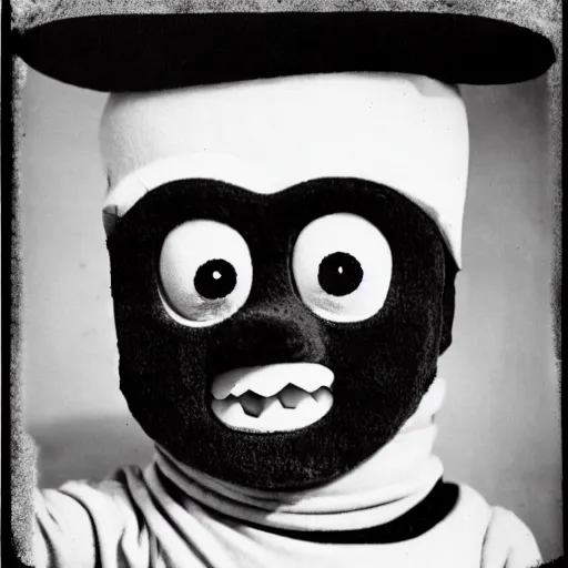 Prompt: Vintage Mugshot photo of a Psychopathic Teletubby with a creepy grin, horror, monochrome, damaged