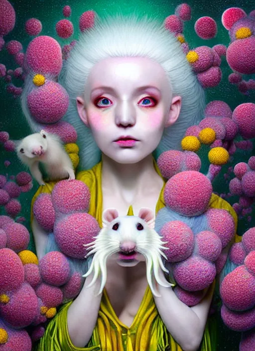 Image similar to hyper detailed 3d render like a Oil painting - kawaii portrait Aurora (white haired Singer Ferret) seen Eating of the Strangling network of yellowcake aerochrome and milky Fruit and Her delicate Hands hold of gossamer polyp blossoms bring iridescent fungal flowers whose spores black the foolish stars by Jacek Yerka, Mariusz Lewandowski, Houdini algorithmic generative render, Abstract brush strokes, Masterpiece, Edward Hopper and James Gilleard, Zdzislaw Beksinski, Mark Ryden, Wolfgang Lettl, hints of Yayoi Kasuma, octane render, 8k