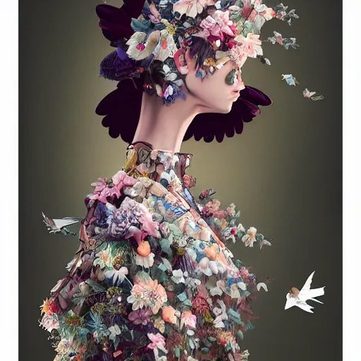 Image similar to 3 / 4 view of a beautiful girl wearing an origami dress, eye - level medium shot, fine floral ornaments in cloth and hair, hummingbirds, elegant, by eiko ishioka, givenchy, hsiao cheng, by peter mohrbacher, centered, fresh colors, origami, fashion, detailed illustration, vogue, japanese, reallusion character creator