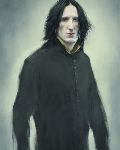 Image similar to portrait of a 3 2 - year - old man wearing black clothes, snape severus, with black, greasy, mid - length hair, hooked nose, dark brown eyes, yellow uneven teeth, hyper realistic face, beautiful eyes, fantasy art, in the style of greg rutkowski, intricate, hyper detailed, smooth