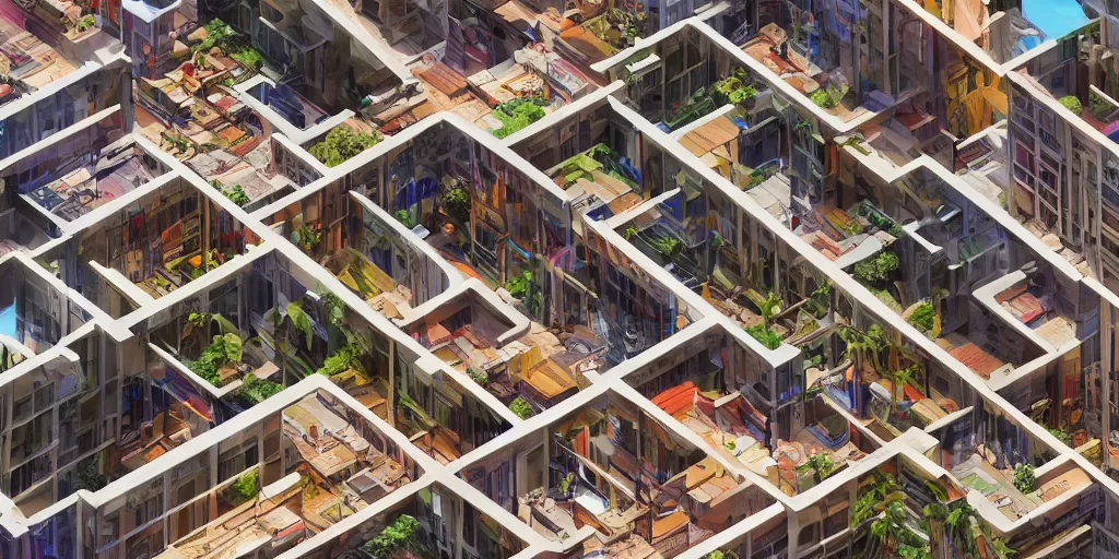 Prompt: an epic exploded 3d axonometric detailing all the parts of a Library of endless opportunity, unfolding, wide-angle, stained backlit glass, stacks, atmospheric, bright wood columns, light pattern floor tile, muted warm and tropical hues and tones, 8k hd detailed matte painting, low-contrast, breezeblock facades in the tropical modernism style, by oscar niemeyer and by henry klumb