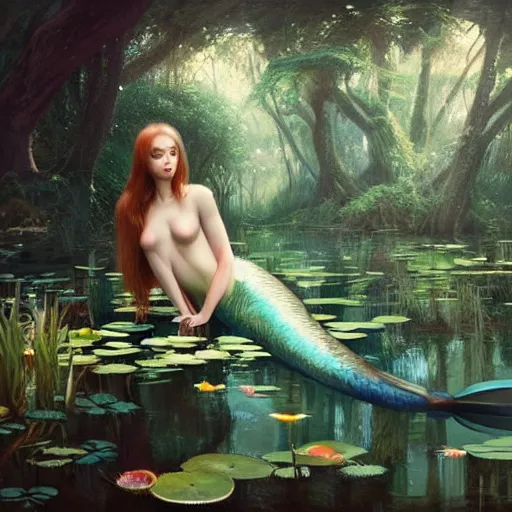 Image similar to art of a mermaid resting in a dense forest near a pond with water lilies by greg rutkowski, artgerm, artstation, wlop, 8 k,